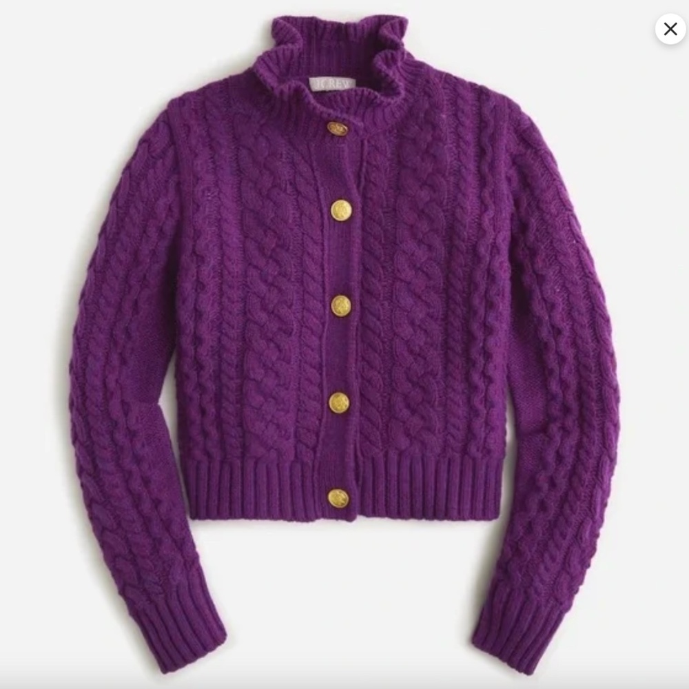 J. Crew Cable-knit ruffleneck cardigan sweater - Purple